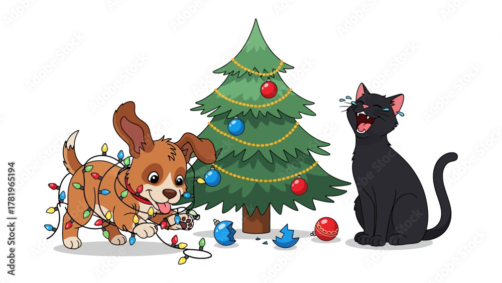 Naklejka premium Festive Felines and Canine: A delightful cartoon scene of a christmas tree decorated with lights and ornaments beside a playful puppy entangled in christmas lights, and a charming cat seems excited.
