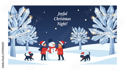 Joyful Christmas Night: Amidst a snowy landscape, children and dogs share the magic of Christmas Eve, building a snowman under the sparkling lights, spreading joy. 