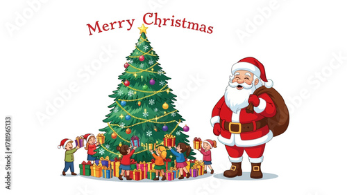 Christmas Cheer: Santa Claus and happy children celebrate the season with a decorated Christmas tree and gifts. Capture the festive spirit and joy of the holiday season.