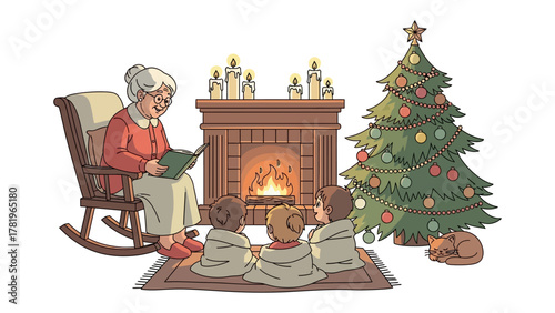 Cozy Christmas Storytime: A grandmother reads a captivating story to children by a crackling fireplace, with a decorated Christmas tree and a slumbering cat nearby.