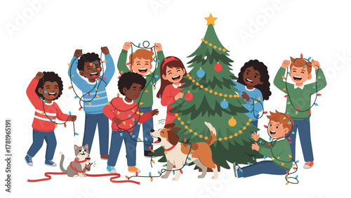 Festive Gathering: A group of children, filled with excitement, adorn a Christmas tree with decorative lights, their joyful faces illuminating the spirit of the season.