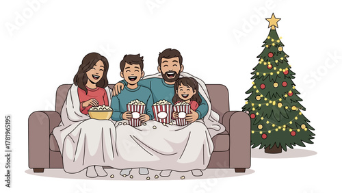 Family Christmas Movie Night: A cozy family gathering, enveloped in a warm blanket, shares laughter and joy as they enjoy a Christmas movie night with popcorn and the glow of the Christmas tree.