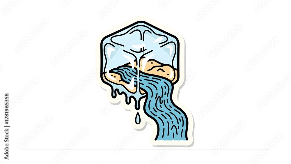 Fototapeta premium Ice Cube Melting into a Flowing Stream Freshness and Environmental Change