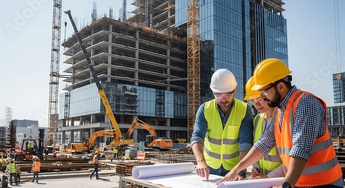Construction team reviewing architectural plans on building site