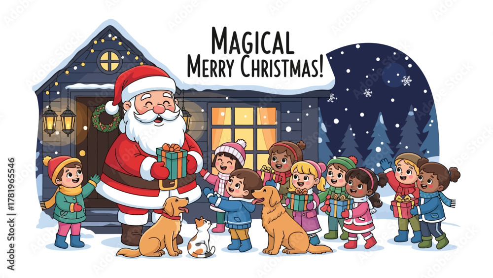 Fototapeta premium Magical Christmas Celebration: A heartwarming scene unfolds as Santa Claus extends gifts to a group of children, each radiating delight, as dogs surround them in a festive winter wonderland.