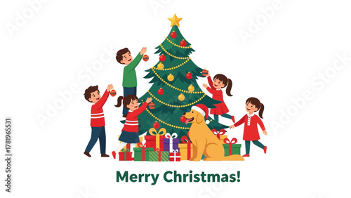 Christmas Festivities: A family and their pet dog, filled with joyous moments of decoration and sharing gifts. a festive occasion in anticipation of seasonal joy