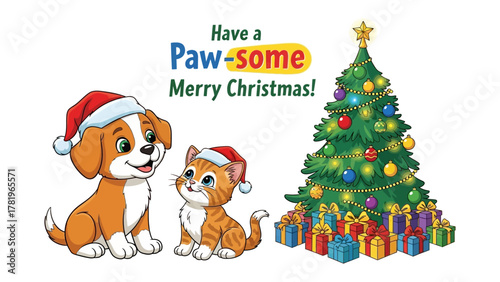 Holiday Companions: An adorable puppy and kitten, both sporting festive Santa hats, share a joyful Christmas scene, complete with a beautifully decorated tree and cheerful holiday gifts.