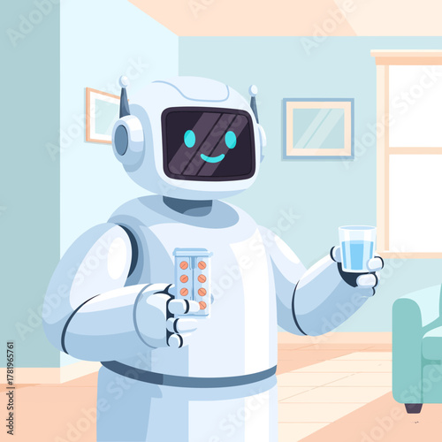Friendly Robot Assistant Giving Medicine and Water in a Home Setting.