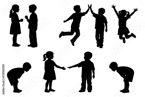 Set of black children silhouettes in various poses including talking, jumping, high five and bowing