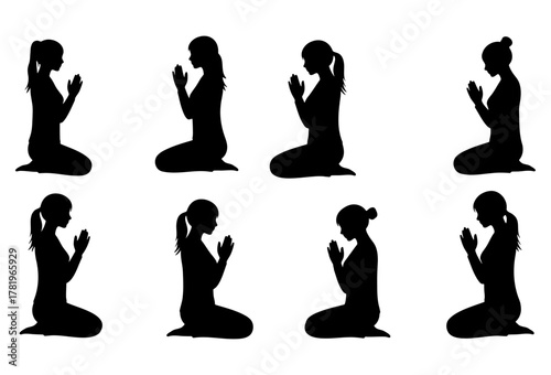 Set of eight woman silhouettes kneeling in profile with hands together for prayer or worship