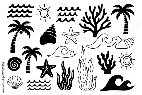 Set of hand drawn tropical ocean silhouette and outline icons including palm tree, wave, sun, seashell, starfish, coral and seaweed