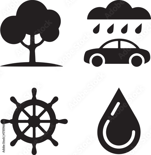 Set of Black Vector Icons Depicting Nature, Weather, and Navigation