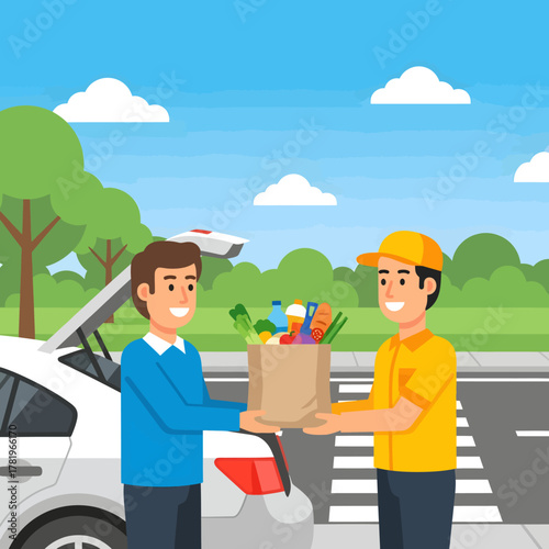 Grocery Pickup Service Man Receives Order from Delivery Driver by Car.