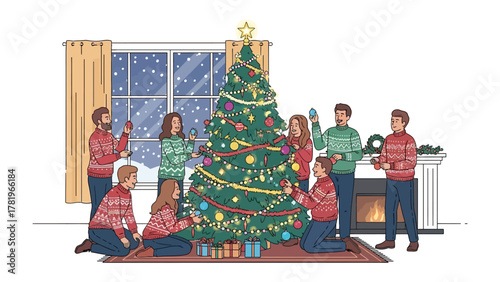 Family Christmas Decorating: Capturing the spirit of togetherness, a family unites to adorn a Christmas tree with decorations. A heartwarming scene of shared joy and holiday anticipation.