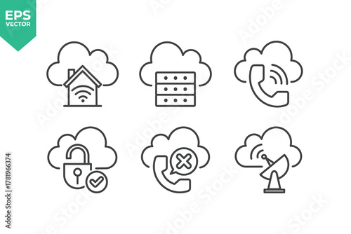 Set Of Cloud Computing Line Icons. The set includes a Data Analyzing, Data Center, Internet Technology, Cloud Storage, Database Platform, Computer Digital System, and more.