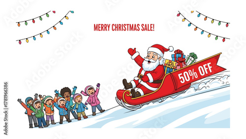 Joyful Santa's Christmas Journey: Santa Claus joyfully guides his sleigh filled with gifts, spreading cheer to a group of excited children waving excitedly on the snowy ground.