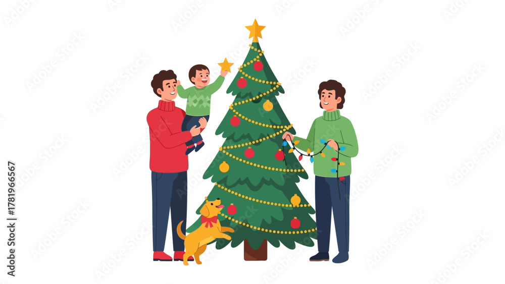 Fototapeta premium Joyful Family Decorating Christmas Tree: A heartwarming scene unfolds as a family, united in love and tradition, gathers to adorn their Christmas tree, capturing the spirit of the festive season.