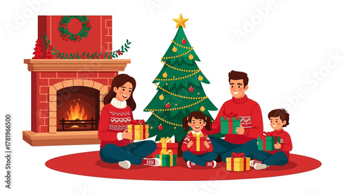Festive Family Gathering at Christmas: The scene unfolds with a happy family, gathered around a decorated Christmas tree, amidst a setting of a fireplace, brimming with festive spirit