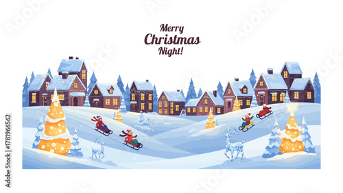 Winter Village Scene: A whimsical winter wonderland scene unfolds, depicting a charming village nestled amidst snow-covered hills under a starlit night. Sledding.