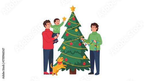 Joyful Family Decorating Christmas Tree: A heartwarming scene unfolds as a family, united in love and tradition, gathers to adorn their Christmas tree, capturing the spirit of the festive season.