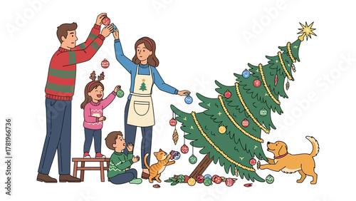 Festive Family: A heartwarming family scene as they adorn the Christmas tree with ornaments, surrounded by joy, laughter and a sense of togetherness.