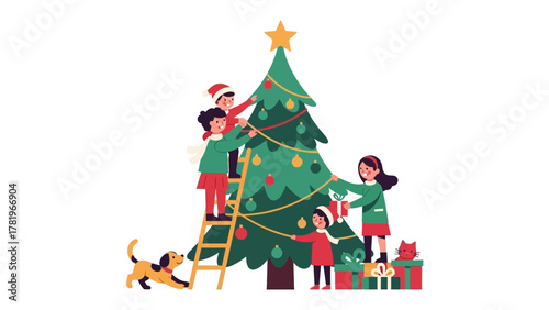 Holiday Cheer: Festive family gather, decorating a cheerful Christmas tree. A joyous scene unfolds as they adorn the evergreen with ornaments. capturing the essence of togetherness, festive spirits.