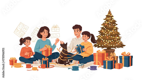 Holiday Home Assembly: A heartwarming holiday scene unfolds as a family prepares for the festive season. They sit together with the family dog to wrap gifts.
