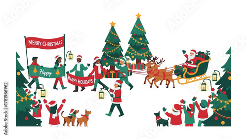 Merry Christmas Celebration: Festive scene depicting the joyous season with Santa Claus, Christmas tree and cheerful parade with a warm embrace of the holiday spirit.