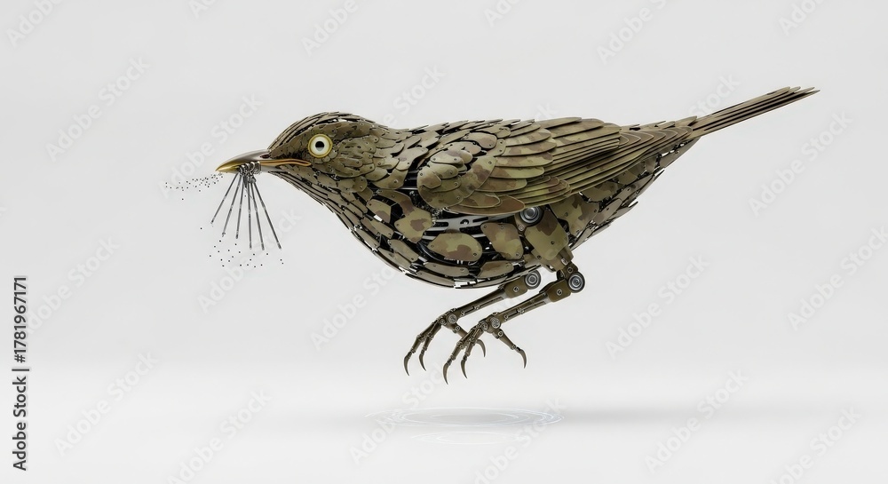 Fototapeta premium Robotic Bird Engineering Marvel Holding Wires Innovative Technology Wildlife Machine Mechanical Bird Futuristic Design Artificial Intelligence Automation