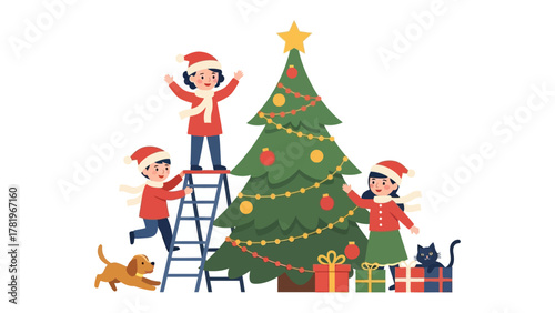 Joyful Christmas Decoration: A family collaborates enthusiastically, decorating a grand tree with ornaments, lights, and festive cheer, filled with excitement for the upcoming holiday.