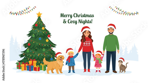 Cozy Family Christmas: A heartwarming family scene unfolds, as a family and their furry friends gather around a decorated Christmas tree, evoking the joy of Christmas.