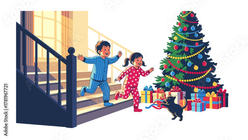 Christmas Joy: Two young children, brimming with excitement, race down the stairs towards a Christmas tree and a delightful array of presents.