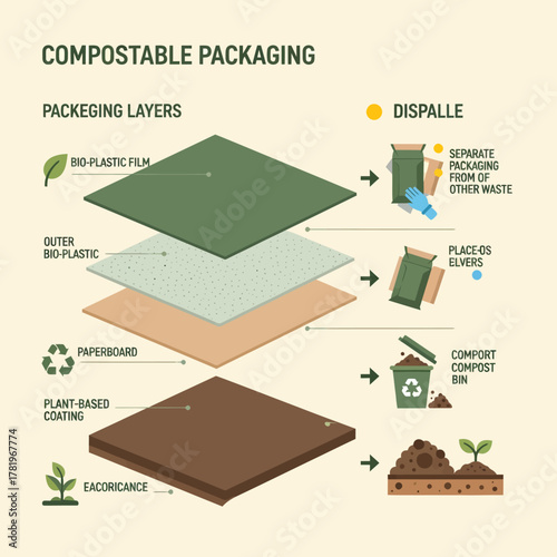 Informative infographic explaining the layers and lifecycle of compostable packaging.
