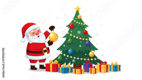 Santa's Festive Touch: Santa Claus is adding final touches to Christmas tree with ornaments, surrounded by beautifully wrapped gifts. Capturing joy of the holiday season.