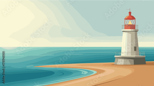 Lighthouse on sandy beach vector illustration overlooking vast ocean coast