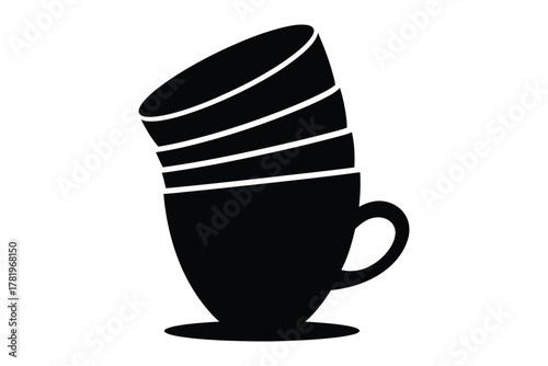 Stacked silhouette coffee cups or tea mugs, a minimalist black graphic icon illustrating beverages, daily routines, balance, and hospitality design elements.