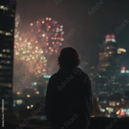 Wallpaper Mural Cinematic night scene showing the silhouette of a person standing on a rooftop overlooking a brightly illuminated city skyline, colorful fireworks exploding in the night sky Torontodigital.ca