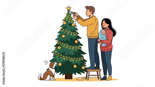 Holiday Bonding: A family decorates their Christmas tree, creating heartwarming memories. A moment of togetherness and joyful celebration, with the twinkle lights and festive ornaments.