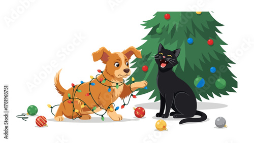 Festive Mischief: A playful cat and dog encounter at Christmas, entangled in holiday lights and Christmas decorations. Capturing the season's joy, the friendship between a dog and cat brings smiles.