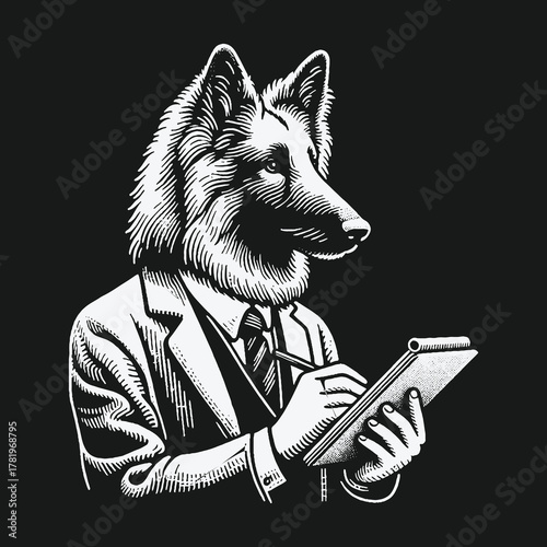 Monochrome illustration of a German Shepherd dog businessman writing on a clipboard.