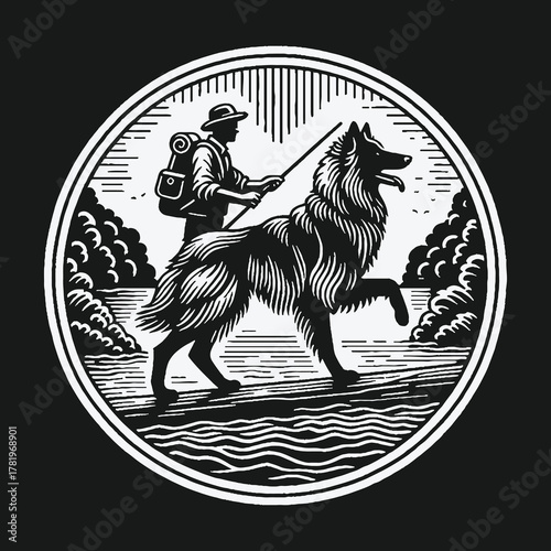 Vintage woodcut style illustration of a hiker and dog on an outdoor adventure.