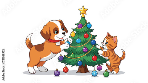 Festive Friends Decorating: A playful puppy and kitten work together, adorning a bright, decorated Christmas tree. Showcasing companionship, cheer, and holiday spirit.