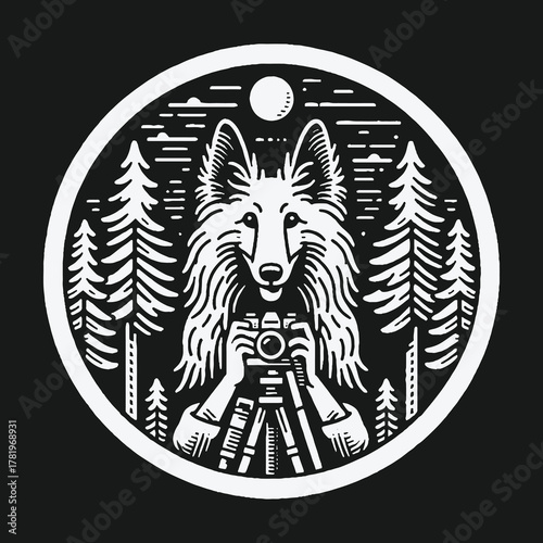 Black and white illustration of a wolf photographer in the woods.