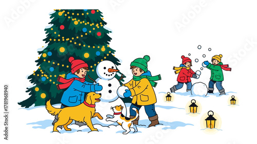 Winter Wonderland: Joyful children and playful dogs engage in a festive winter scene, building a snowman and reveling in the snowy surroundings near a decorated Christmas tree. 