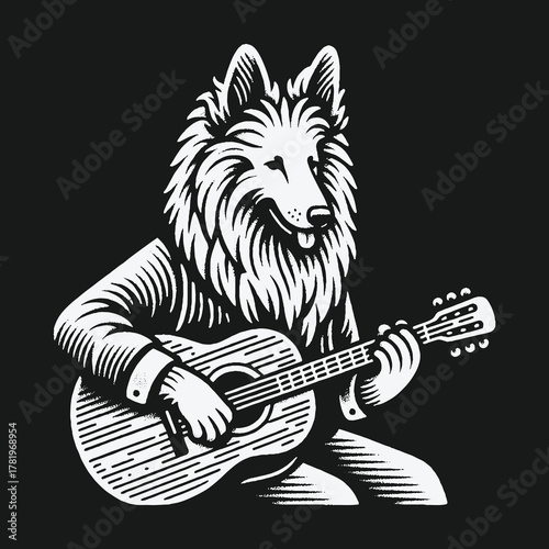 Monochrome illustration of a cool collie dog playing an acoustic guitar.