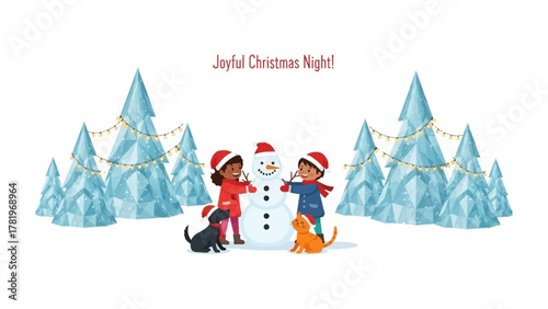 A Festive Winter's Tale: Two young children and two friendly pets, bundled warmly in winter attire, work in harmony to bring to life a jovial snowman beneath the twinkling lights of Christmas trees.