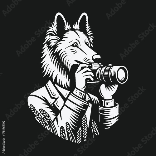 Anthropomorphic wolf photographer in a suit holding a camera illustration.