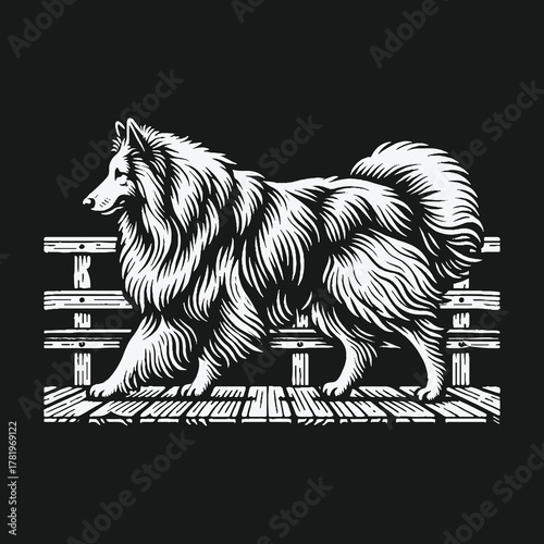 Vintage woodcut illustration of a majestic long-haired collie dog standing on a wooden bridge.