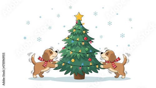 Festive Pups Decorating Christmas Tree: Two cheerful puppies wearing festive scarves gather round a decorated Christmas tree, amid falling snowflakes, radiating warmth and excitement.