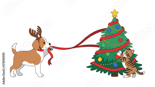 Festive Friends: A charming illustration depicts a dog adorned with reindeer antlers, playfully tugging a ribbon attached to a Christmas tree, while a kitten decorates the tree.